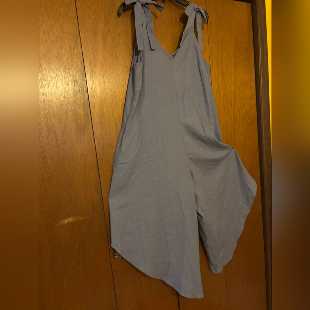 NWT MSK Chambray Blue-Gray Linen Wideleg Cropped  Jumpsuit Sz L